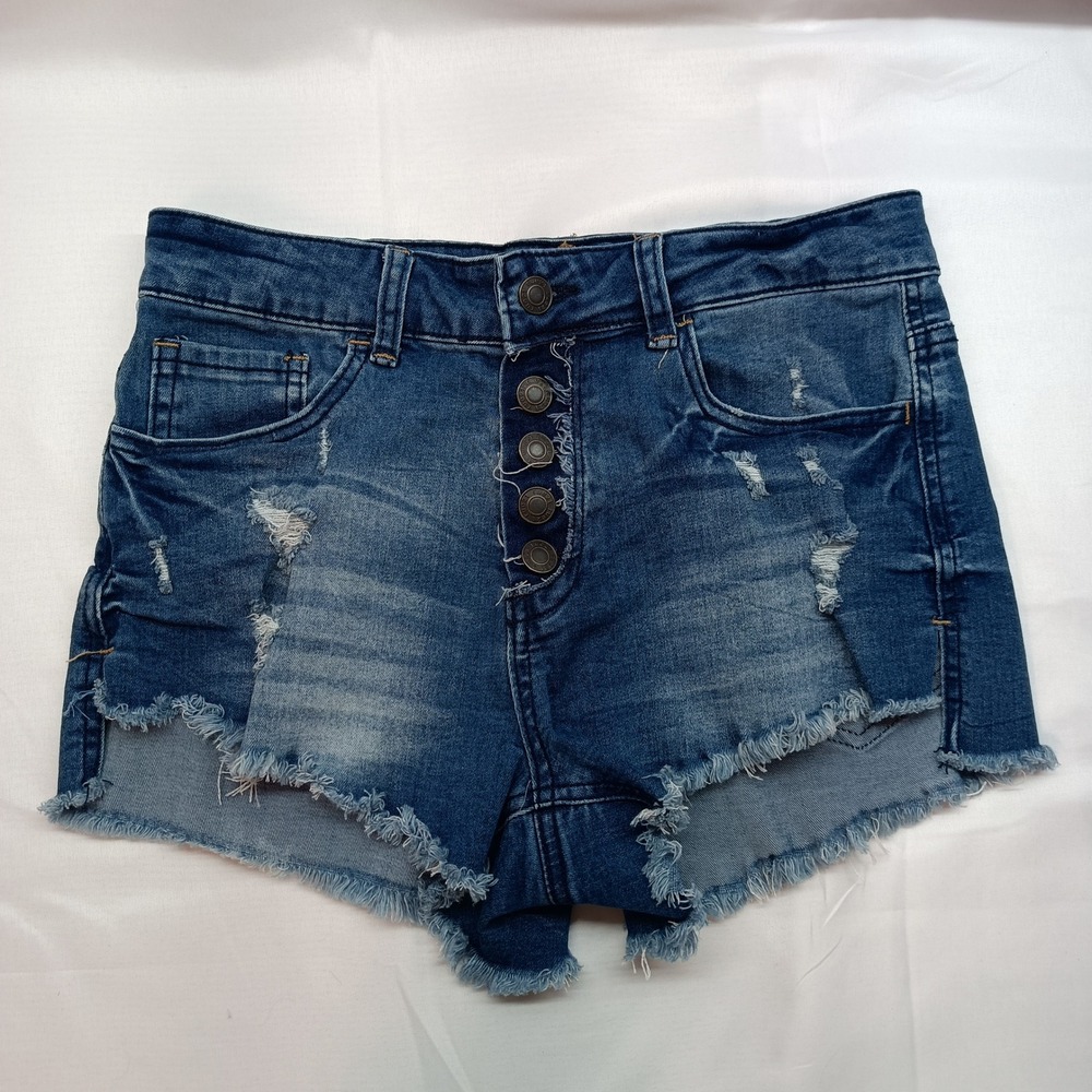 Rue21 Curvy High Waisted Shorts Medium Wash Distressed Button Fly Denim Sz 5/6